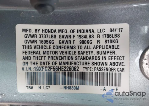 2017 Honda Civic Lx из США, поврежденный, VIN 19XFC2F56HE226062